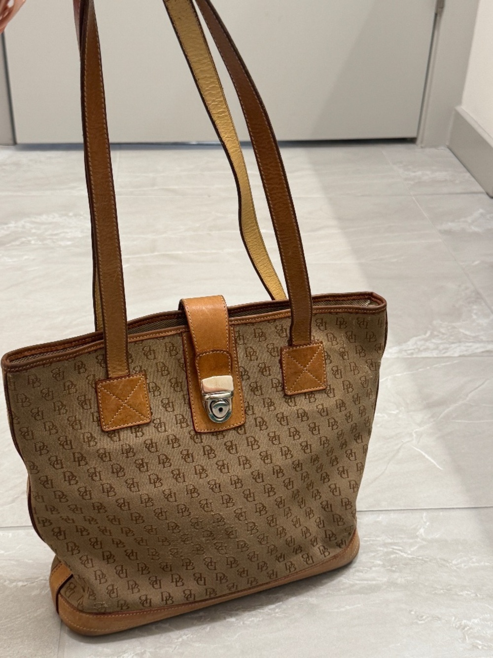 Vintage Dooney & Bourke Monogram Tote Bag Tan Brown Leather Canvas Shoulder Bag